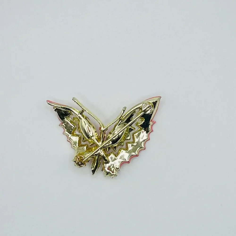 Vintage Pink Enamel Butterfly Brooch Pink Rhinestone 1.75